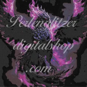 peyotebild26-Phoenix-Stylisierter Vogel in Pixelkunst, schwarz und lila, mit klaren Konturen und einem modernen, künstlerischen Look.