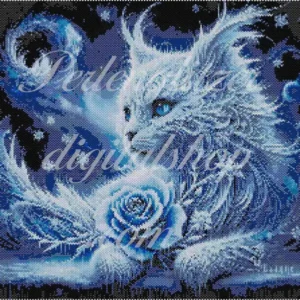 peyotebild30-Katze-mit-blauer-Rose-Detailliertes muster einer weißen Katze mit strahlend blauen Augen.