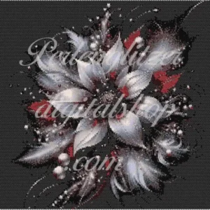 peyotebild4-Blume1-Detailiertes muster zeigt eine weiße Blume umgeben von roten Federn, harmonische Farbkomposition.