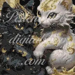 peyotebild43-Kaetzchen-schwarz-weiss-muster von zwei Katzen, eine in Gold und die andere in Schwarz, harmonisch und kreativ kombiniert.
