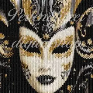 peyotebild48-Harlekin-muster einer Maske in Gold und Schwarz, kunstvoll gestaltet mit feinen Details und eleganten Linien.