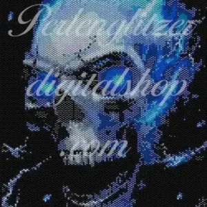 peyotebild49-blauer-Schaedel-Detailliertes muster eines Schädels, der lebendige blaue Augen hat, ideal für kreative Projekte.