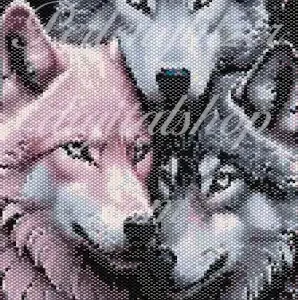 peyotebild51-Wolfsfamilie-Buntes design mit drei Wölfen, die in sanften Pink- und Blautönen kunstvoll dargestellt sind.