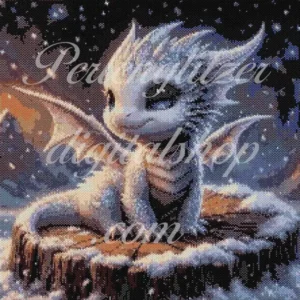 peyotebild53-Babydrache-im-Schnee-design eines majestätischen weißen Drachen, der entspannt auf einem Baumstumpf sitzt, umgeben von Natur.
