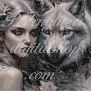 peyotebild57-Wolfsfrau-Eine Frau mit langen Haaren steht neben einem Wolf, beide blicken in die Ferne und strahlen eine starke Verbindung aus.