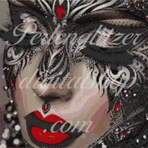 peyotebild59-Gesicht-unter-Maske-Eine Frau zeigt ein auffälliges Make-up in Schwarz und Rot, ergänzt durch leuchtend rote Lippen für einen künstlerischen Effekt.
