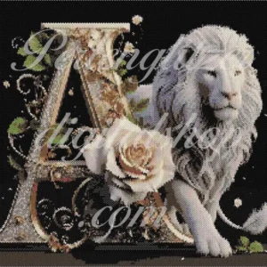 peyotebild61-Loewe-A-Ein majestätischer Löwe neben einer Rose, mit dem Buchstaben "A" im Hintergrund, symbolisiert Stärke und Schönheit.