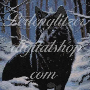 peyotebild62-schwarzer-Wolf-Ein schwarzer Wolf mit leuchtend blauen Augen steht im frischen Schnee, seine Präsenz strahlt Stärke und Anmut aus.