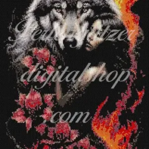 peyotebild64-Feuerwolf-und-Frau-Detailreiches Muster eines Wolfes, der von lodernden Flammen umgeben ist, Ausdruck von Kraft und Energie.