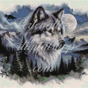 peyotebild66-Wolf-in-der-Natur-Muster eines Wolfes vor einer majestätischen Berglandschaft.