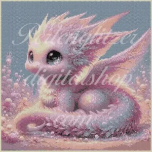 peyotebild7-Rosadrachenbaby-muster eines Drachen mit pinken Augen, detailreich und farbenfroh gestaltet.