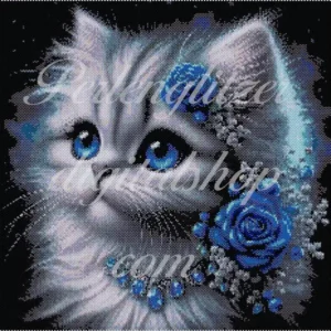 peyotebild72-suesse-Katze-Muster eines Katers mit leuchtend blauen Augen, umgeben von bunten Blumenmotiven.