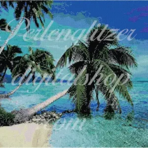 peyotebild73-Palmen-und-Meer-Bunte Darstellung von Palmen, die sanft am Strand wehen, umgeben von klarem Himmel und ruhigem Wasser.