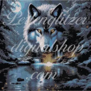 peyotebild75-Wolf-im-Mondschein-Muster eines Wolfes, der zwischen Bäumen im Wald steht, umgeben von einer natürlichen, ruhigen Umgebung.
