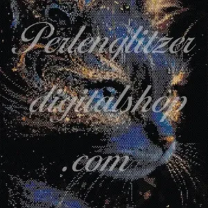 peyotebild76-blau-goldige-Katze-Detailliertes Muster eines süßen Katers, der inmitten von strahlenden Sternen sitzt.
