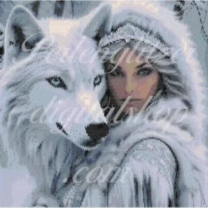 peyotebild8-Frau-mit-Wolf-design zeigt eine Frau mit einem weißen Wolf, harmonisch eingebettet in eine blühende Landschaft.