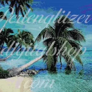 webenbild73-Palmen-und-Meer-Bunte Darstellung von Palmen, die sanft am Strand wehen, umgeben von klarem Himmel und Meer.