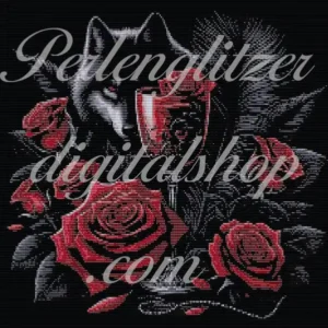 webenbild74-RosenWolfundFedern-Ein Wolf, der zwischen roten Rosen auf einem schwarzen Hintergrund steht, symbolisiert Stärke und Schönheit in der Dunkelheit.