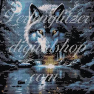 webenbild75-Wolf-im-Mondschein-Ein Wolf steht im Wald unter einem strahlenden Vollmond, umgeben von schattigen Bäumen und nächtlicher Stille.