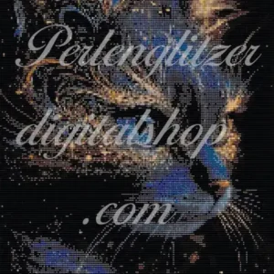 webenbild76-blaugoldige-Katze-Detailliertes muster eines niedlichen Katers, der inmitten von strahlenden Sternen sitzt.