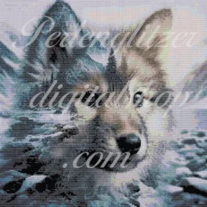 webenbild79-junger-Wolf-Ein Wolf in einem bunten muster zeigt kunstvolle Details und lebendige Farben.