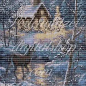 webenbild85-Reh-im-Wald-muster eines Rehs im Schnee mit einer Kirche im Hintergrund.