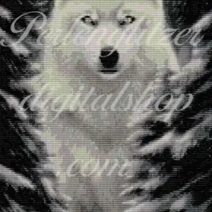 webenbild86-Wolf-zwischen-Tannen-muster eines weißen Wolfs, der zwischen Bäumen im Wald steht.