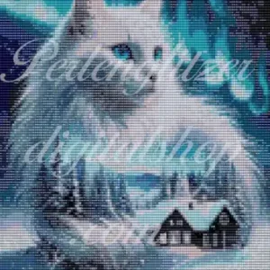 webenbild88-Katze-ueber-dem-Haus-muster einer weißen Katze mit blauen Augen, detailreich und farbenfroh gestaltet.