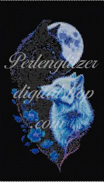 Detailreiches Muster mit zwei Wölfen und einem leuchtenden Mond im Hintergrund.